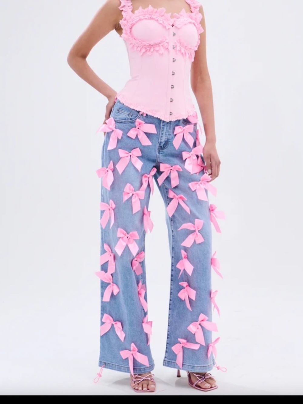 New AKIRA Barbie Core Y2K Dark Blue Wide-Leg Jeans Pink Bows Coquette 3 /26